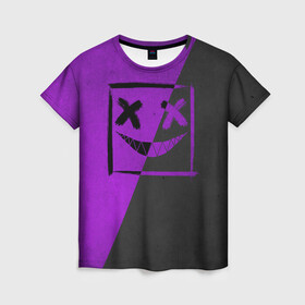 Женская футболка 3D с принтом Purple Smile в Тюмени, 100% полиэфир ( синтетическое хлопкоподобное полотно) | прямой крой, круглый вырез горловины, длина до линии бедер | emoji | smile | глаза крестики | злой смайл | злой смайлик | зубы | контраст | крестики | подарок | пятна | смайл | смайлик | улыбка | эмоджи | эмоция