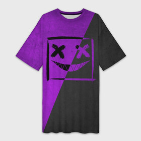 Платье-футболка 3D с принтом Purple Smile в Тюмени,  |  | emoji | smile | глаза крестики | злой смайл | злой смайлик | зубы | контраст | крестики | подарок | пятна | смайл | смайлик | улыбка | эмоджи | эмоция
