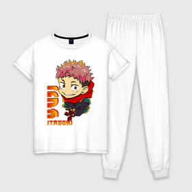 Женская пижама хлопок с принтом Yuji Itadori Jujutsu Kaisen в Тюмени, 100% хлопок | брюки и футболка прямого кроя, без карманов, на брюках мягкая резинка на поясе и по низу штанин | anime | jujutsu kaisen | manga | sorsery fight | yuji itadori | аниме | джутсу кайсен | дзюдзюцу кайсэн | засранец | итадори юдзи | маг | магическая битва | манга | проклятия | сосуд для сукуна