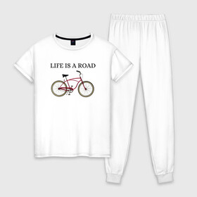 Женская пижама хлопок с принтом Велосипед в Тюмени, 100% хлопок | брюки и футболка прямого кроя, без карманов, на брюках мягкая резинка на поясе и по низу штанин | bike | life | road | велосипед | дорога | жизнь