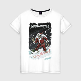 Женская футболка хлопок с принтом Merry Christmas, Megadeth в Тюмени, 100% хлопок | прямой крой, круглый вырез горловины, длина до линии бедер, слегка спущенное плечо | gesture | heavy metal | holiday | megadeth | merry christmas | new year | skeleton | skull | sky | snow | жест | новый год | праздник | рождество | рок | скелет | череп