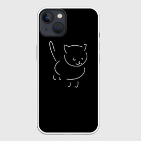 Чехол для iPhone 13 с принтом Котэ на чёрном в Тюмени,  |  | Тематика изображения на принте: белый | животное | зарисовка | контур | кот | котэ | кошка | круглый | линейный | набросок | рисунок | хвост | черный
