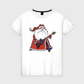 Женская футболка хлопок с принтом Дед Мороз гитарист в Тюмени, 100% хлопок | прямой крой, круглый вырез горловины, длина до линии бедер, слегка спущенное плечо | beard | guitar | holiday | jeans | music | new year | santa klaus | solo | борода | гитара | дед мороз | джинсы | музыка | новый год | праздник | солист
