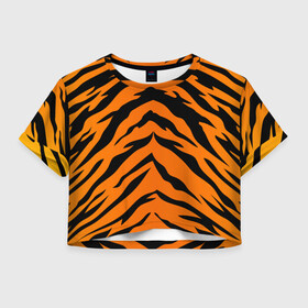 Женская футболка Crop-top 3D с принтом Шкура тигра в Тюмени, 100% полиэстер | круглая горловина, длина футболки до линии талии, рукава с отворотами | 2022 | tiger | животное | полосатый | полоски | полосы | тигр | хищник