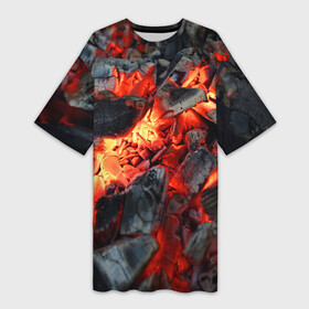Платье-футболка 3D с принтом Древесные угли в Тюмени,  |  | ash | bonfire | coals | fire | heat | nature | smoldering | tourism | woody | древесные | жар | костер | огонь | пепел | природа | тлеющие | туризм | угли
