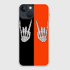 Чехол для iPhone 13 mini с принтом Ладошки скелета в Тюмени,  |  | bones | halloween | hands | happy halloween | rock | skeleton | skillet | skull | жест | жест коза | кисти рук | кости | ладони | ладошки | металлист | молодежные | пальцы | пальцы вверх | подростковые | рога | рокер | руки | символ | скеле