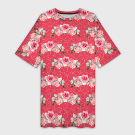 Платье-футболка 3D с принтом Красные розы паттерн в Тюмени,  |  | rose | паттерн | розочки | розы | цветки | цветочки | цветы