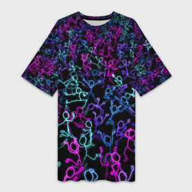Платье-футболка 3D с принтом Neon Rave Party в Тюмени,  |  | Тематика изображения на принте: disco | rave | дискотека | неоновый | рейв | танцы | человечки