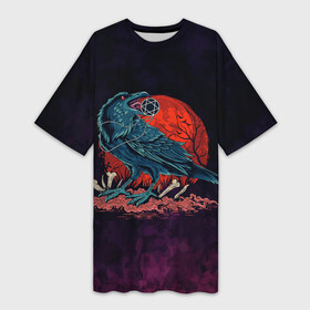 Платье-футболка 3D с принтом Ворон 666 в Тюмени,  |  | арт | ворон | графика | кровавая луна | оккультизм | птицы