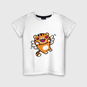 Детская футболка хлопок с принтом влюбленный тигренок в Тюмени, 100% хлопок | круглый вырез горловины, полуприлегающий силуэт, длина до линии бедер | Тематика изображения на принте: 2022 | год тигра | новый год | новый год 2022 | символ года | тигр | тигренок | тигрица | тигры