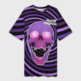 Платье-футболка 3D с принтом Магический череп в Тюмени,  |  | blood | day of the dead | from the eyes | happy halloween | holiday | hypnosis | lilac | look | magical | skull | spiral | взгляд | гипноз | день мертвых | из глаз | кровь | магический | праздник | сиреневый | спираль | хэллоуин | череп