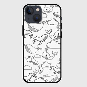Чехол для iPhone 13 mini с принтом Небесные киты (ЧБ) в Тюмени,  |  | Тематика изображения на принте: whale | детское | киты | летающие киты | небо | облака