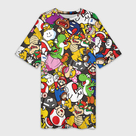 Платье-футболка 3D с принтом Mario  ALL STARS в Тюмени,  |  | bowser | bullet bill | goomba | koopa troopa | luigi | mario | princess peach | toad | yoshi | боузер | гриб | гумба | йоши | купа | луиджи | марио | пуля билл