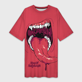 Платье-футболка 3D с принтом Пасть красного хищника в Тюмени,  |  | day of the dead | dripping blood | fangs | happy halloween | holiday | long tongue | predator | teeth | день мертвых | длинный язык | зубы | капает кровь | клыки | праздник | хищник | хэллоуин