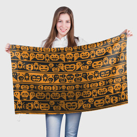 Флаг 3D с принтом Свитер с тыквами в Тюмени, 100% полиэстер | плотность ткани — 95 г/м2, размер — 67 х 109 см. Принт наносится с одной стороны | halloween | вязанный | вязаный | привидение | свитер | скелет | тыквы | узор | хэллоуин | череп