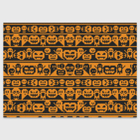 Поздравительная открытка с принтом Свитер с тыквами в Тюмени, 100% бумага | плотность бумаги 280 г/м2, матовая, на обратной стороне линовка и место для марки
 | halloween | вязанный | вязаный | привидение | свитер | скелет | тыквы | узор | хэллоуин | череп