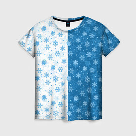 Женская футболка 3D с принтом Снежинки (зимняя пора) в Тюмени, 100% полиэфир ( синтетическое хлопкоподобное полотно) | прямой крой, круглый вырез горловины, длина до линии бедер | merry christmas | дед мороз | ёлка | зима | мороз | новый год | подарок | праздник | рождество | с новым годом | сантаклаус | снег | снеговик | снегурочка | снежинки | снежные узоры | узоры