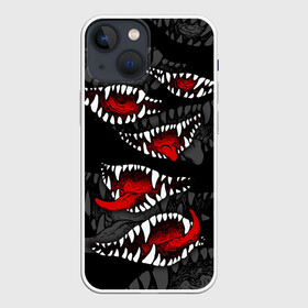 Чехол для iPhone 13 mini с принтом Атака вампиров в Тюмени,  |  | attack of the vampires | darkness | fangs | happy halloween | holiday | jaws | red tongues | атака вампиров | клыки | красные языки | мрак | праздник | хэллоуин | челюсти