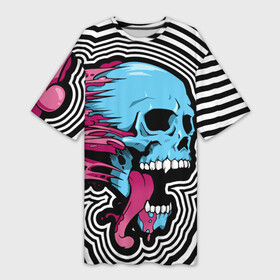 Платье-футболка 3D с принтом Летящий череп в Тюмени,  |  | blood | blue | day of the dead | fangs | happy halloween | holiday | skull | день мертвых | клыки | кровь | праздник | синий | хэллоуин | череп