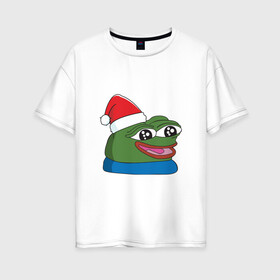 Женская футболка хлопок Oversize с принтом Pepe, pepe happy, Пепе хеппи, pepe happy new year в Тюмени, 100% хлопок | свободный крой, круглый ворот, спущенный рукав, длина до линии бедер
 | frog pepe | happy | happy new year | mem | meme | peepo | pepe | pepe happy | pepe happy new year | лягушка пепе | лягушонок | лягушонок пепе | пепе хеппи | хеппи