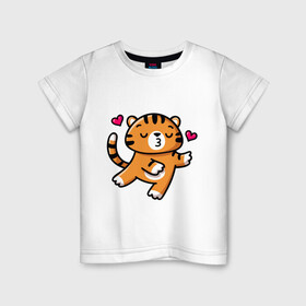 Детская футболка хлопок с принтом влюбленный тигр в Тюмени, 100% хлопок | круглый вырез горловины, полуприлегающий силуэт, длина до линии бедер | Тематика изображения на принте: 2022 | год тигра | новый год | новый год 2022 | символ года | тигр | тигренок | тигрица | тигры