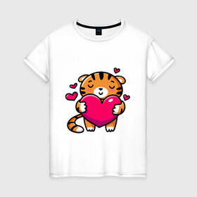Женская футболка хлопок с принтом Милый тигренок с сердечком в Тюмени, 100% хлопок | прямой крой, круглый вырез горловины, длина до линии бедер, слегка спущенное плечо | 2022 | год тигра | новый год | новый год 2022 | символ года | тигр | тигренок | тигрица | тигры