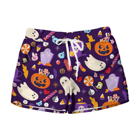 Женские шорты 3D с принтом HALLOWEEN BTS BT21 PATTERN | БТ21 БТС ХЕЛЛОУИН в Тюмени, 100% полиэстер | прямой крой, два кармана без застежек по бокам. Мягкая трикотажная резинка на поясе, внутри которой широкие завязки. Длина до середины бедра | army | bangtan boys | bt21 | bts | bts stickers | chimmy | cooky | koya | mang | monster | rap monster | rapmon | rj | rm | shooky | tata | van | бтс | ви | джейхоуп | джонгук | реп монстр | стикеры bts | сюга | чимин | чин