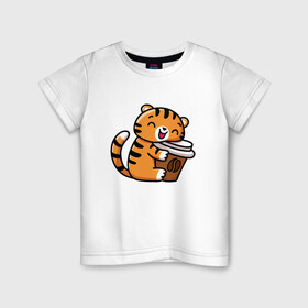 Детская футболка хлопок с принтом Тигренок и кофе в Тюмени, 100% хлопок | круглый вырез горловины, полуприлегающий силуэт, длина до линии бедер | 2022 | год тигра | новый год | новый год 2022 | символ года | тигр | тигренок | тигрица | тигры
