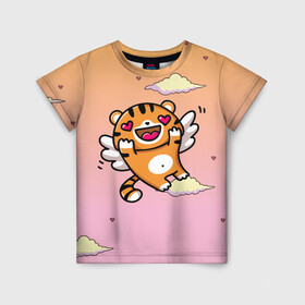 Детская футболка 3D с принтом милый влюбленный тигренок в Тюмени, 100% гипоаллергенный полиэфир | прямой крой, круглый вырез горловины, длина до линии бедер, чуть спущенное плечо, ткань немного тянется | 2022 | год тигра | новый год | новый год 2022 | символ года | тигр | тигренок | тигрица | тигры