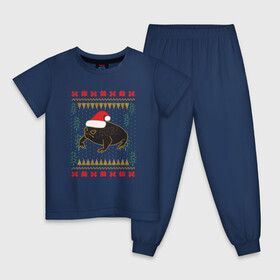 Детская пижама хлопок с принтом Рождественский свитер Жаба в Тюмени, 100% хлопок |  брюки и футболка прямого кроя, без карманов, на брюках мягкая резинка на поясе и по низу штанин
 | christmas | ugly sweater | африканская лягушка | дождевая лягушка | жаба | зима | зимний | лягушка | новый год | рождественский свитер | рождество | уродливый свитер | черная лягушка
