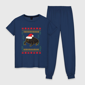 Женская пижама хлопок с принтом Рождественский свитер Жаба в Тюмени, 100% хлопок | брюки и футболка прямого кроя, без карманов, на брюках мягкая резинка на поясе и по низу штанин | christmas | ugly sweater | африканская лягушка | дождевая лягушка | жаба | зима | зимний | лягушка | новый год | рождественский свитер | рождество | уродливый свитер | черная лягушка