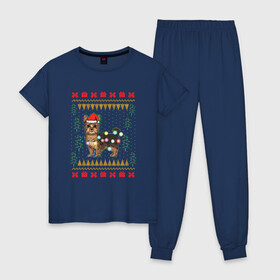 Женская пижама хлопок с принтом Рождественский свитер Йоркшик в Тюмени, 100% хлопок | брюки и футболка прямого кроя, без карманов, на брюках мягкая резинка на поясе и по низу штанин | christmas | ugly sweater | вечеринка | йорк | йоркширский терьер | новый год | праздники | рождественский свитер | рождество | собака | собачка | уродливый свитер