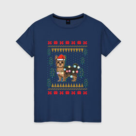 Женская футболка хлопок с принтом Рождественский свитер Йоркшик в Тюмени, 100% хлопок | прямой крой, круглый вырез горловины, длина до линии бедер, слегка спущенное плечо | christmas | ugly sweater | вечеринка | йорк | йоркширский терьер | новый год | праздники | рождественский свитер | рождество | собака | собачка | уродливый свитер