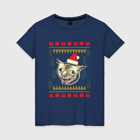 Женская футболка хлопок с принтом Рождественский свитер кашляющий кот в Тюмени, 100% хлопок | прямой крой, круглый вырез горловины, длина до линии бедер, слегка спущенное плечо | christmas | coughing cat | ugly sweater | вечеринка | кашляющий кот | кот мем | котик | новогодние праздники | новый год | рождественский свитер | рождество | уродливый свитер