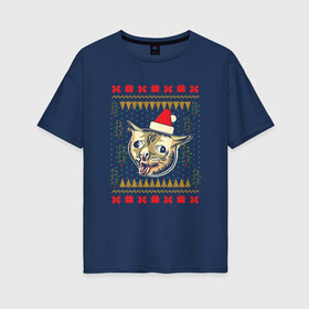 Женская футболка хлопок Oversize с принтом Рождественский свитер кашляющий кот в Тюмени, 100% хлопок | свободный крой, круглый ворот, спущенный рукав, длина до линии бедер
 | Тематика изображения на принте: christmas | coughing cat | ugly sweater | вечеринка | кашляющий кот | кот мем | котик | новогодние праздники | новый год | рождественский свитер | рождество | уродливый свитер