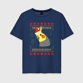 Женская футболка хлопок Oversize с принтом Рождественский свитер Корелла в Тюмени, 100% хлопок | свободный крой, круглый ворот, спущенный рукав, длина до линии бедер
 | Тематика изображения на принте: christmas | cockatiel | parrot | ugly sweater | корелла | новогодние праздники | новый год | попугай | птица | рождественский свитер | рождество | уродливый свитер