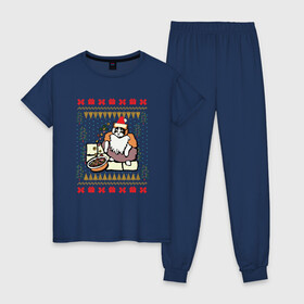 Женская пижама хлопок с принтом Рождественский свитер Котик с колечками в Тюмени, 100% хлопок | брюки и футболка прямого кроя, без карманов, на брюках мягкая резинка на поясе и по низу штанин | christmas | fruit loops | loops | meme | ugly sweater | вечеринка | кот мем | котик | новый год | рождественский свитер | рождество | с фруктовыми колечками | уродливый свитер