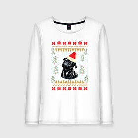 Женский лонгслив хлопок с принтом Рождественский свитер Черный мопс в Тюмени, 100% хлопок |  | christmas | ugly sweater | вечеринка | мопс | новогодние праздники | новый год | рождественский свитер | рождество | собака | собачка | уродливый свитер | черный мопс