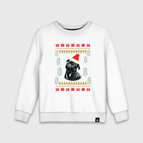 Детский свитшот хлопок с принтом Рождественский свитер Черный мопс в Тюмени, 100% хлопок | круглый вырез горловины, эластичные манжеты, пояс и воротник | Тематика изображения на принте: christmas | ugly sweater | вечеринка | мопс | новогодние праздники | новый год | рождественский свитер | рождество | собака | собачка | уродливый свитер | черный мопс
