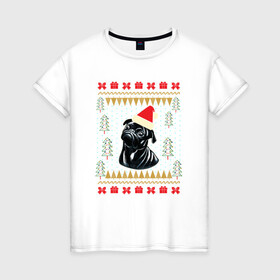 Женская футболка хлопок с принтом Рождественский свитер Черный мопс в Тюмени, 100% хлопок | прямой крой, круглый вырез горловины, длина до линии бедер, слегка спущенное плечо | Тематика изображения на принте: christmas | ugly sweater | вечеринка | мопс | новогодние праздники | новый год | рождественский свитер | рождество | собака | собачка | уродливый свитер | черный мопс