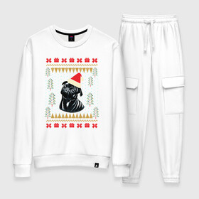 Женский костюм хлопок с принтом Рождественский свитер Черный мопс в Тюмени, 100% хлопок | на свитшоте круглая горловина, мягкая резинка по низу. Брюки заужены к низу, на них два вида карманов: два 