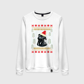 Женский свитшот хлопок с принтом Рождественский свитер Черный мопс в Тюмени, 100% хлопок | прямой крой, круглый вырез, на манжетах и по низу широкая трикотажная резинка  | christmas | ugly sweater | вечеринка | мопс | новогодние праздники | новый год | рождественский свитер | рождество | собака | собачка | уродливый свитер | черный мопс