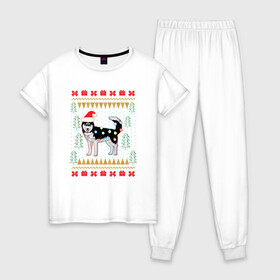 Женская пижама хлопок с принтом Рождественский свитер Хаски в Тюмени, 100% хлопок | брюки и футболка прямого кроя, без карманов, на брюках мягкая резинка на поясе и по низу штанин | christmas | ugly sweater | вечеринка | новогодние праздники | новый год | рождественский свитер | рождество | сибирский хаски | собака | собачка | уродливый свитер | хаски