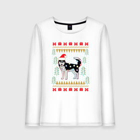 Женский лонгслив хлопок с принтом Рождественский свитер Хаски в Тюмени, 100% хлопок |  | christmas | ugly sweater | вечеринка | новогодние праздники | новый год | рождественский свитер | рождество | сибирский хаски | собака | собачка | уродливый свитер | хаски