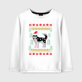 Детский лонгслив хлопок с принтом Рождественский свитер Хаски в Тюмени, 100% хлопок | круглый вырез горловины, полуприлегающий силуэт, длина до линии бедер | christmas | ugly sweater | вечеринка | новогодние праздники | новый год | рождественский свитер | рождество | сибирский хаски | собака | собачка | уродливый свитер | хаски