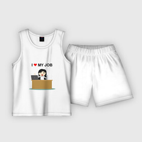 Детская пижама с шортами хлопок с принтом I love my job в Тюмени,  |  | Тематика изображения на принте: i love my job | любовь | на английском | прикольные надписи | работа | текст | цитата | цитаты | я люблю | я люблю свою работу