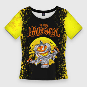 Женская футболка 3D Slim с принтом ТЫКВА МУМИЯ  HAPPY HALLOWEEN в Тюмени,  |  | halloween | haloween | happy halloween | pumpkin | мумия | счастливого хэллоуина | счастливый хэллоуин | тыква | тыква мумия | хеллоин | хеллоуин | хелоин | хелоуин | хэллоин | хэллоуин | хэлоин | хэлоуин