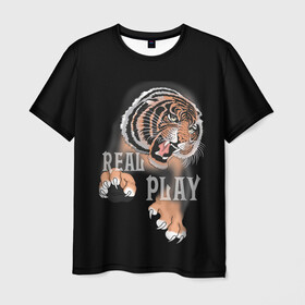 Мужская футболка 3D с принтом Real Play в Тюмени, 100% полиэфир | прямой крой, круглый вырез горловины, длина до линии бедер | звери | крупные кошки | новый год | подарок | праздники | тигр | тигренок