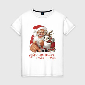 Женская футболка хлопок с принтом А ты, готов встречать праздник в Тюмени, 100% хлопок | прямой крой, круглый вырез горловины, длина до линии бедер, слегка спущенное плечо | deer | holiday | horns | new year | santa klaus | дед мороз | новый год | олень | праздник | рога