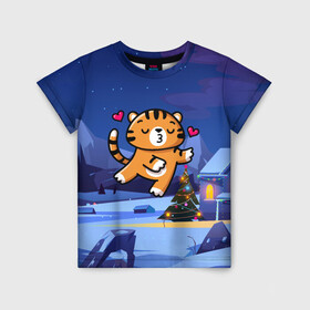 Детская футболка 3D с принтом Влюбленный тигренок с сердечками в Тюмени, 100% гипоаллергенный полиэфир | прямой крой, круглый вырез горловины, длина до линии бедер, чуть спущенное плечо, ткань немного тянется | 2022 | год тигра | новый год | новый год 2022 | символ года | тигр | тигренок | тигрица | тигры